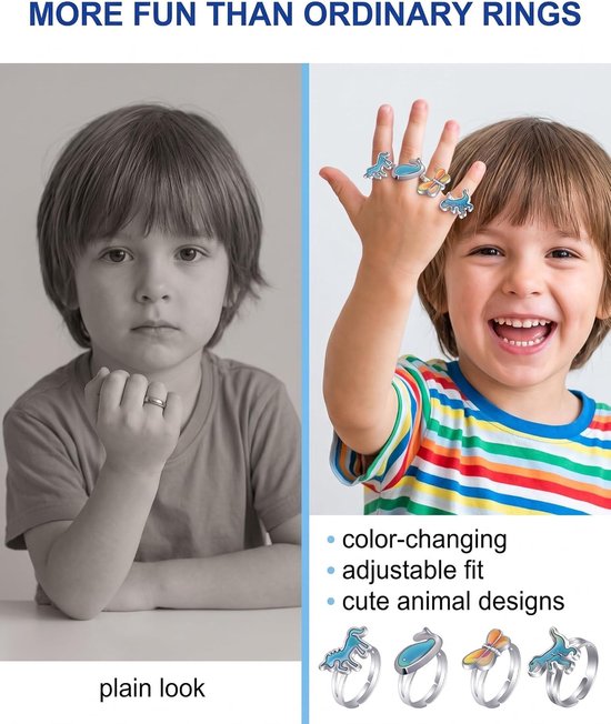Ringen voor kinderen, set met 4 instelbare thermochromen, design eenhoorn, walvis, libelle, dinosaurus, sensorische fidget ring voor het kalmeren van angst en concentratie — afbeelding 4