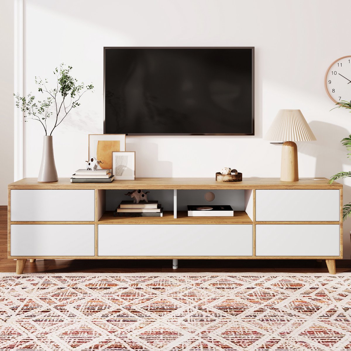tv meubel - voor woonkamer - 175x37x51 cm - wit en houtlook - 4 deuren en 4 opbergvakken - landelijke stijl met houten poten - duurzaam E1 MDF
