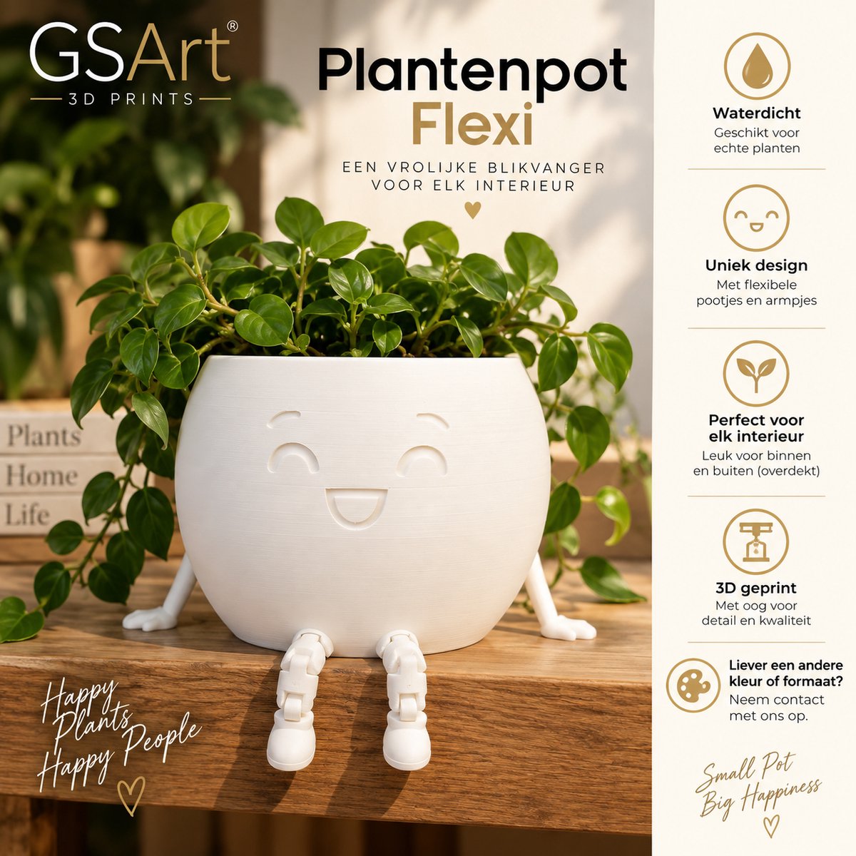 GSArt Plantenpot Flexi – Waterdichte 3D Geprinte Bloempot met Flexibele Benen - Mat Wit