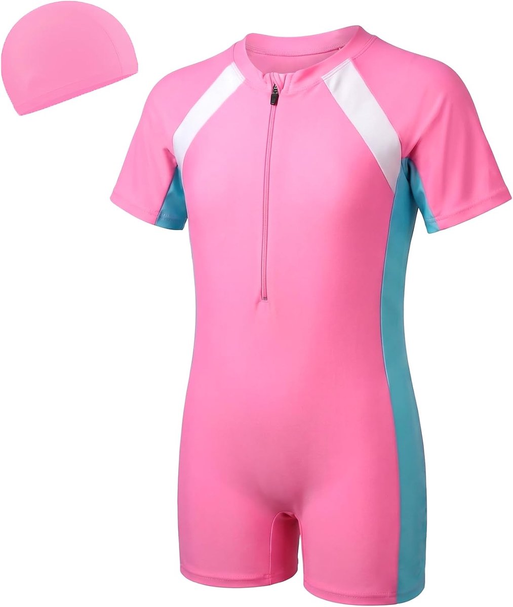 Zwempak Voor Kinderen Eendelig Zwempaks Voor Meisjes Zwemkleding Met Korte Mouwen En Badmuts Zwemkledings Voor Jongens Zomerse Met Ritssluiting Strand Surf Voor Tieners Van 4-12 Jaar