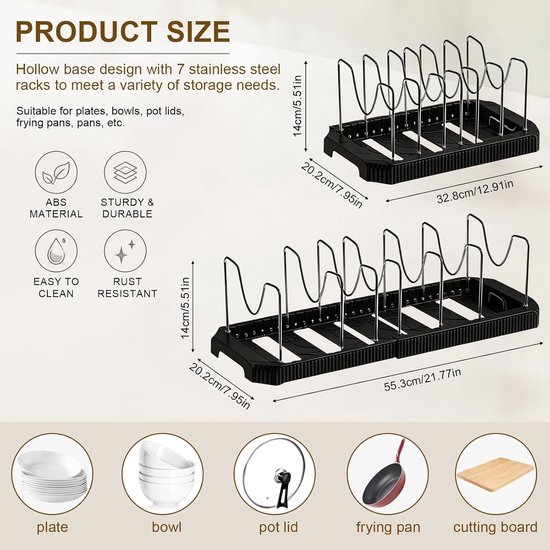 Pannenorganizer, pannenopslag, uittrekbaar, 33-56 cm, zwarte potdekselhouder, potdekselhouder, lade met 7 verstelbare houders, voor potten, borden, snijplanken — afbeelding 2