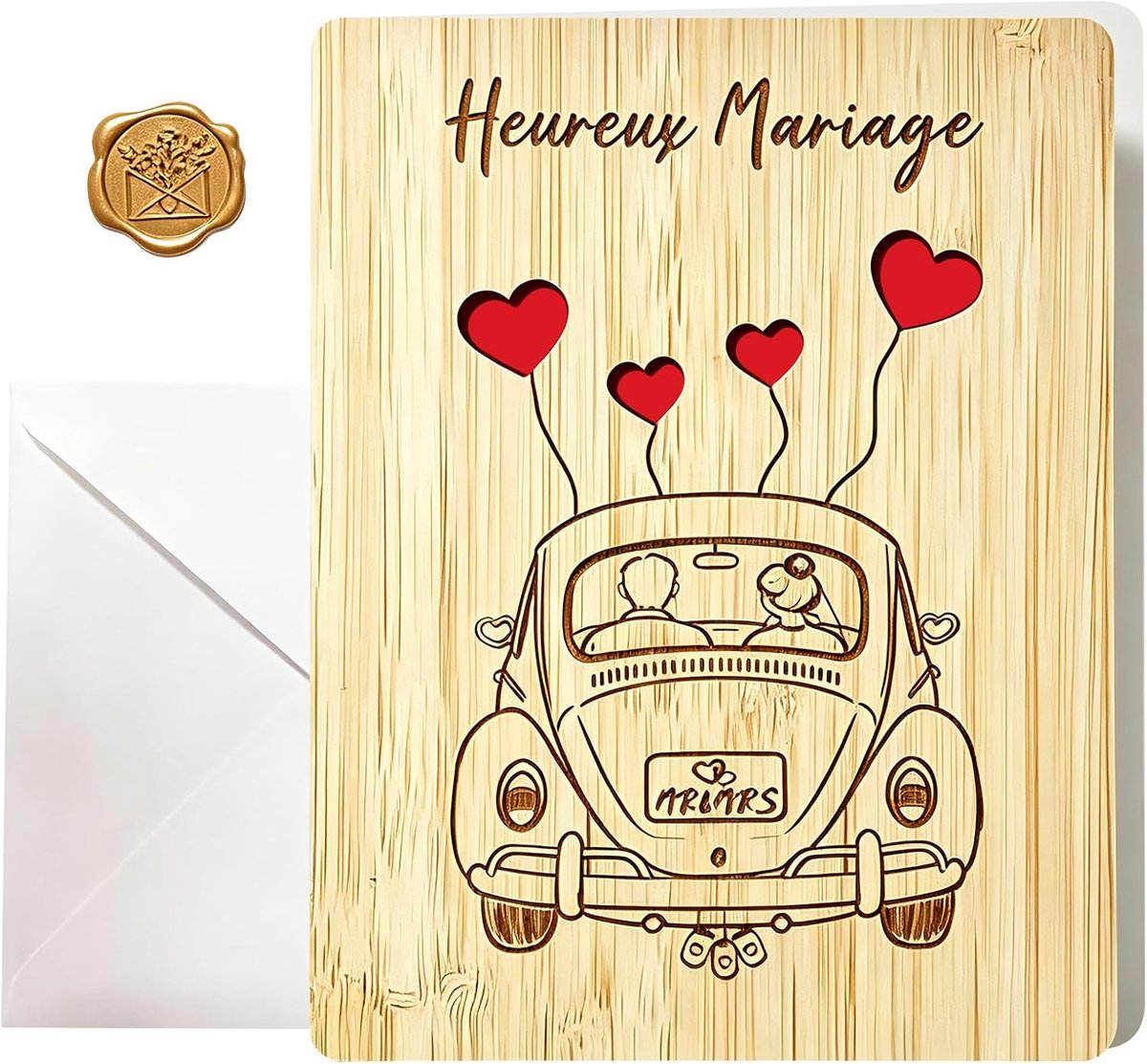 Kaart voor bruiloft, felicitatie, bruiloft, van hout, 1 enveloppen en waszegel, stickers, wenskaart, Valentijnsdag