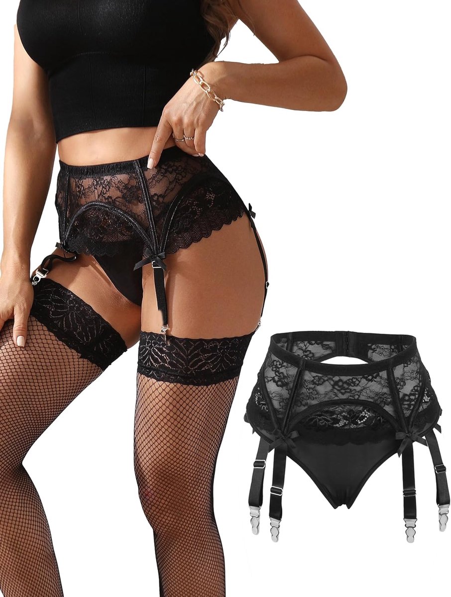 Jarretelgordel voor dames, sexy kanten jarretelgordel met 4 jarretelgordels, brede jarretelbandjes, grote maten, mesh, set curvy dessosu met panty voor dames, tuinriem