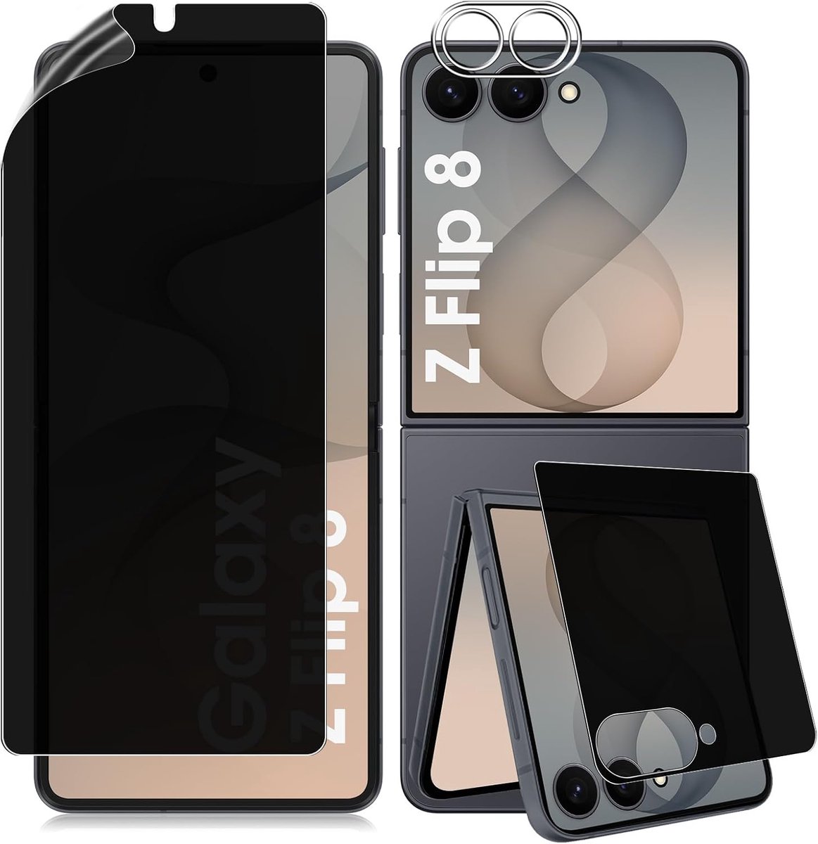 Pantserglas inkijkbescherming voor Samsung Galaxy Z Flip 8/Z Flip8, 1+1+1 stuks TPU inkijkbescherming + externe privacy beschermfolie + camerabeschermingsfolie, anti-kras HD volledige