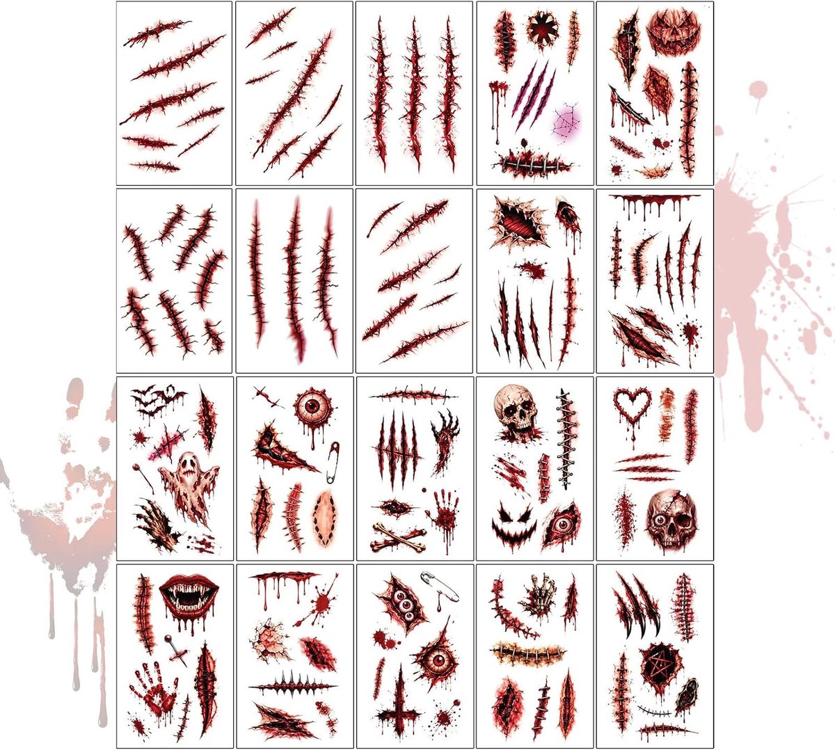 20 vellen halloween tatoeages halloween tatoeage gezicht, 6.8x12cm, waterdicht tijdelijke wonden littekens, voor horror zombie cosplay, lichaam