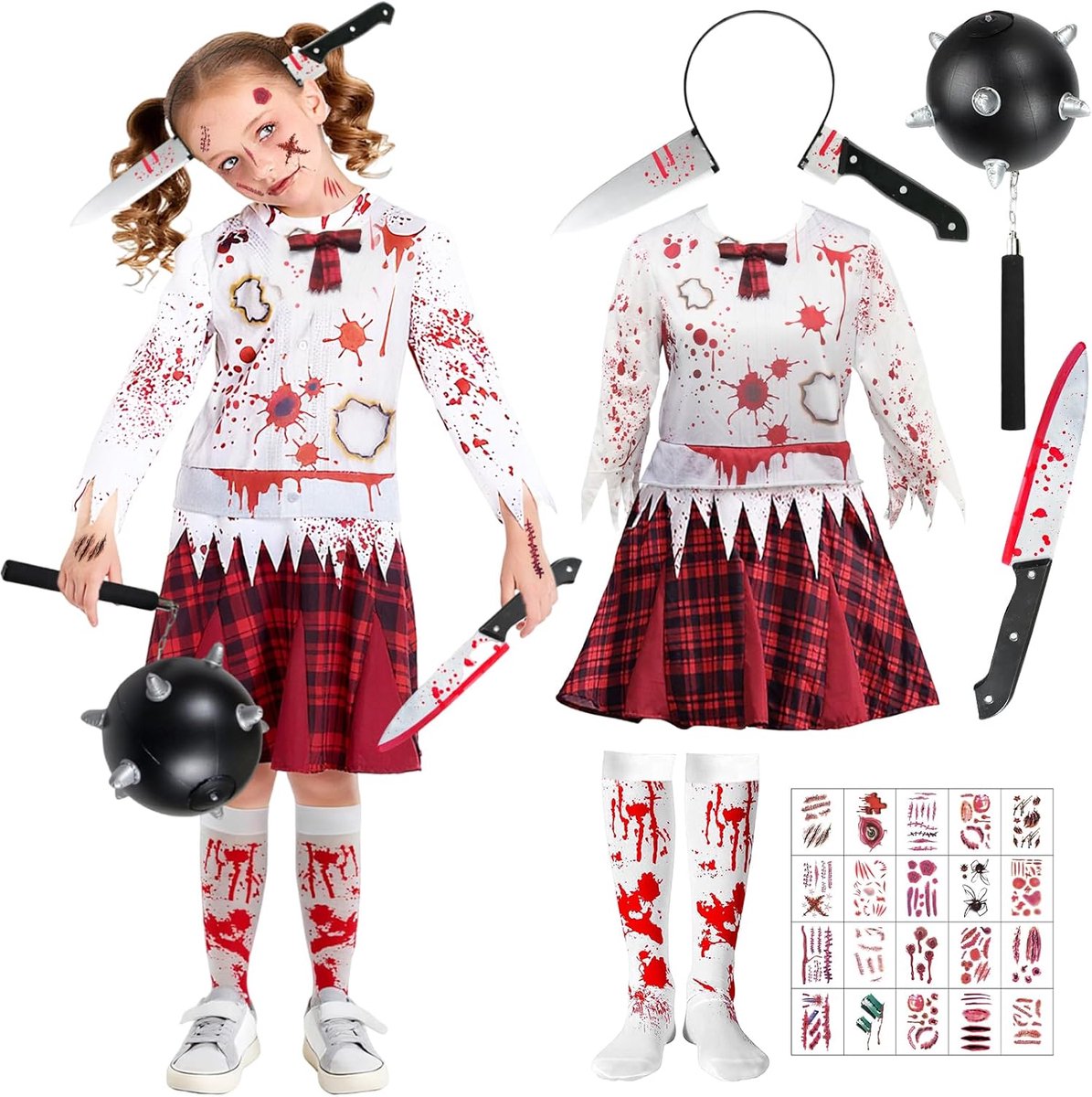 Halloween kostuum, bloedige zombiekostuum voor dames, zombie-schoolmeisjeskostuum, Halloween-kostuum, horror voor Halloween, carnaval, party, cosplay
