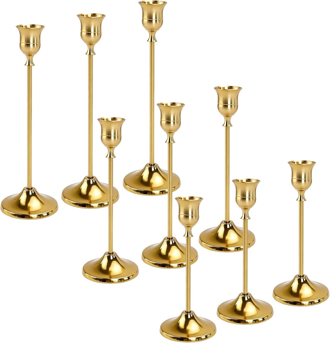 Set van 9 kandelaars goud, metaal, vintage kaarsenstandaard, staafkaarsen