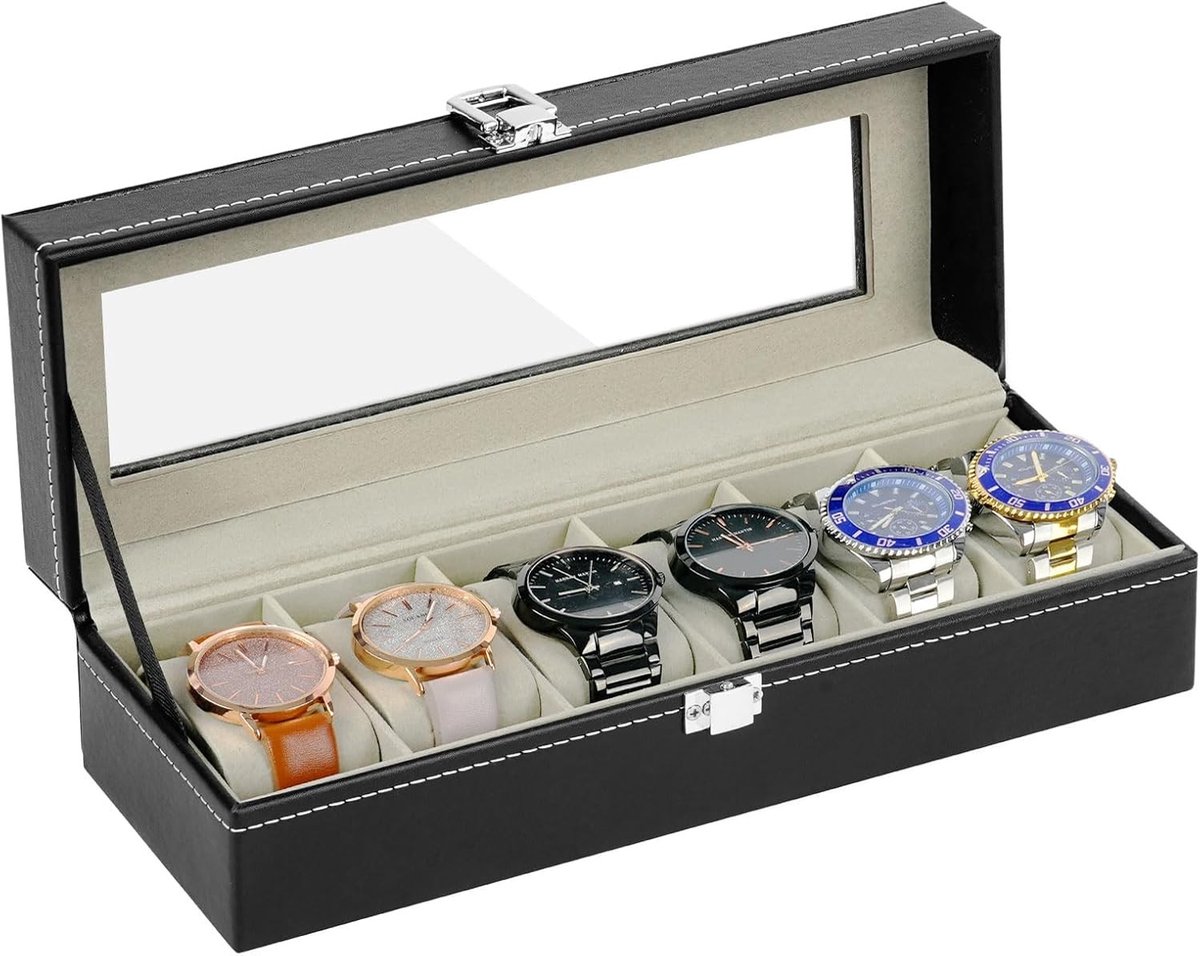 Horloge Box met 6 Slots, Luxe Horloge Display Case met Glazen Deksel, PU Leren Opbergdoos voor Horloges en Sieraden zoals Armbanden en Bangles (Zwart)