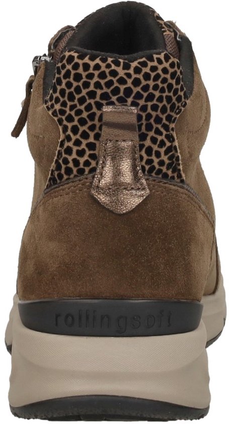 Achterkant bruine suède Gabor Rollingsoft halfhoge veterschoenen met panterprint hiel en 'rollingssoft' op de zool.