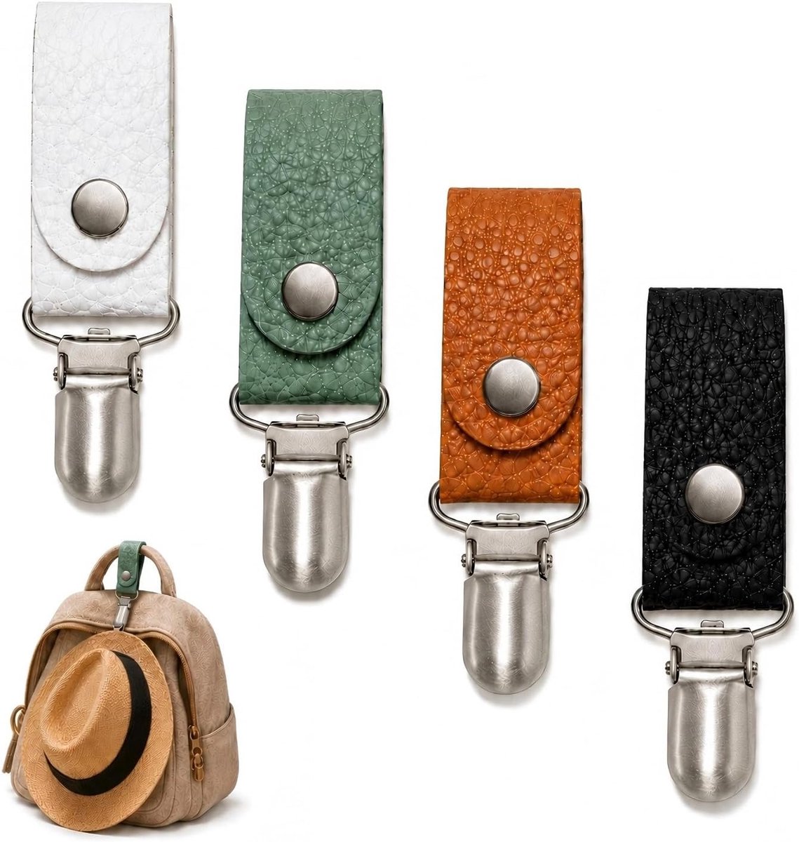 4 stuks hoedclips voor reizen, 4 kleuren, set reishoedclips van PU-leer, reishoedclip, hoedhouder, hoedclip voor tas, handtas, rugzak, koffer, zonnehoed, pet, zwart, wit, bruin, groen