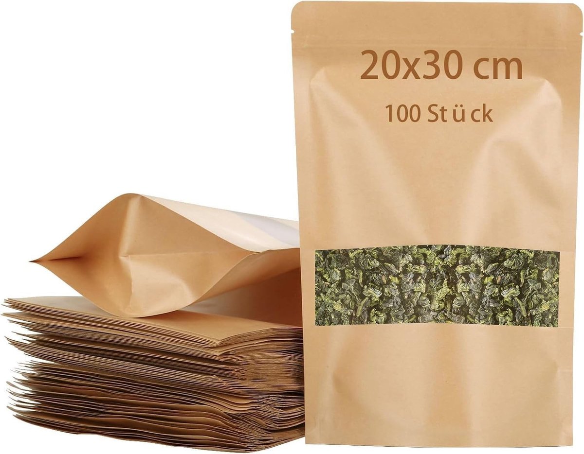 Pack van 100 Kraft Papieren Tassen met Venster, 20x30cm, Bruine Stand Tassen voor Snoep, Noten en Koffiebonen