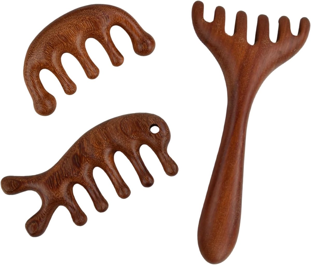 Sha Hoofdmassagekam, set van 3 stuks, hoofdmassageapparaat van sandelhout, hoofdhuidmassageborstel, massagekam met brede tanden, meridiaankam met 5 klauwen, zelfverzorging, nek, gezicht, rug