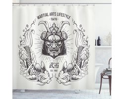 ABAKUHAUS East Douchegordijn, Traditioneel Japanese Samurai Koi Fish Martial Arts Lifestyle Tokyo Typography, Stoffen Badkamerdecoratieset met Haken, 175 cm B x 190 cm L, Coconut Grijs