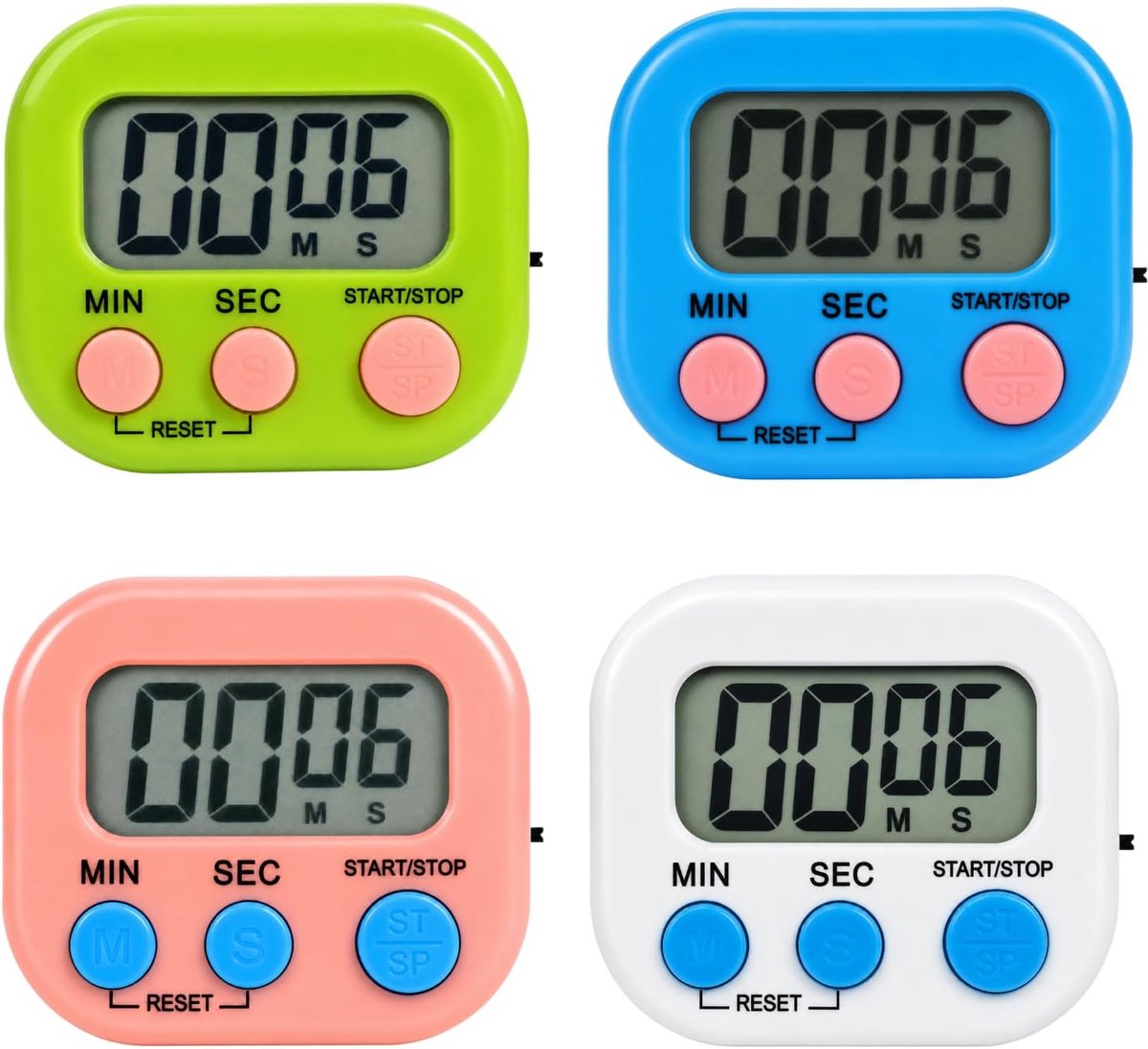 Set van 4 digitale timers/stopwatches (4 kleuren) met uitklapbare standaard: ideaal voor koken, sporten en douchen; voorzien van een magnetisch en inklapbaar ontwerp.