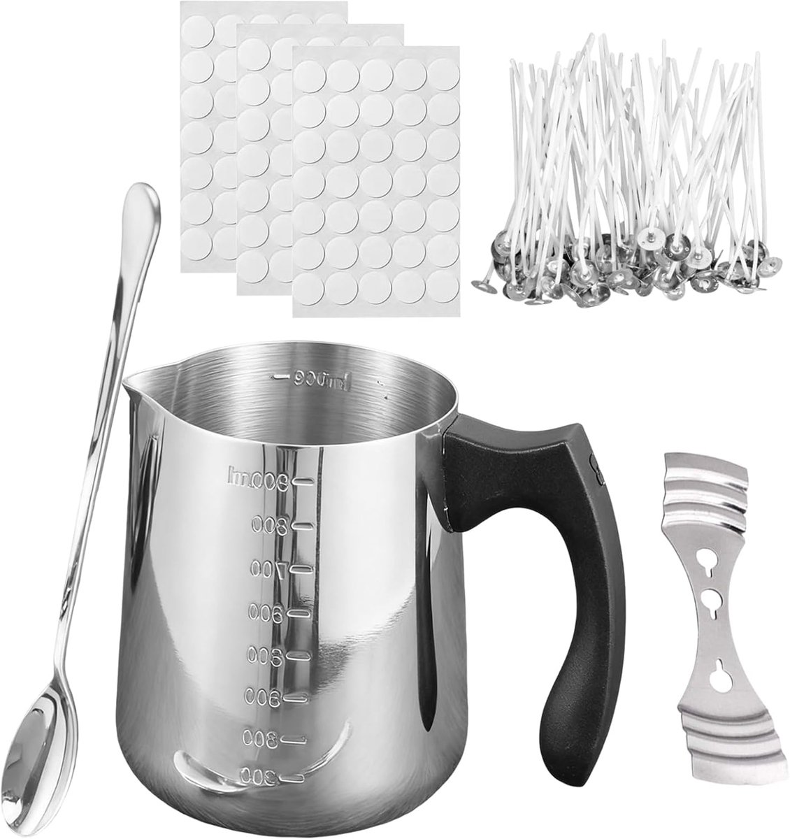 1000ml Wachsmelter met Maatverdeling, Kaarsenwas Smeltpot met Lepel, Lonten en Stickers voor Kaarsen, Boter, Kaas, Chocolade, Zeepmakerij