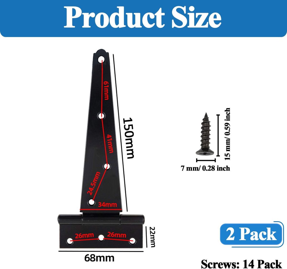 2 stuks zwarte T-scharnierbanden, 150 mm, 270 graden draaibaar, 6 gaten, schuurdeuren, deurscharnier, zwart, voor kastdeuren, tuindeuren, schuurpoorten, poorten