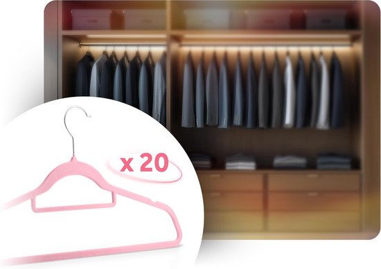 Antislip, fluweel, set van 20 stuks, 360° draaibaar, stalen haken, ingebouwde schoudergroeven, roze — afbeelding 5