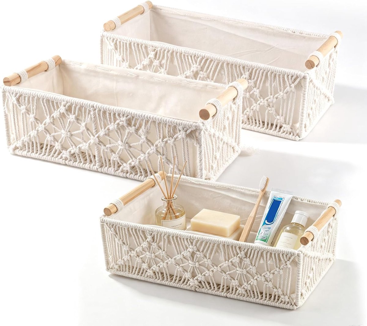 Set van 2 Boho opbergmanden, wit, kleine manden, gevlochten badkamer
