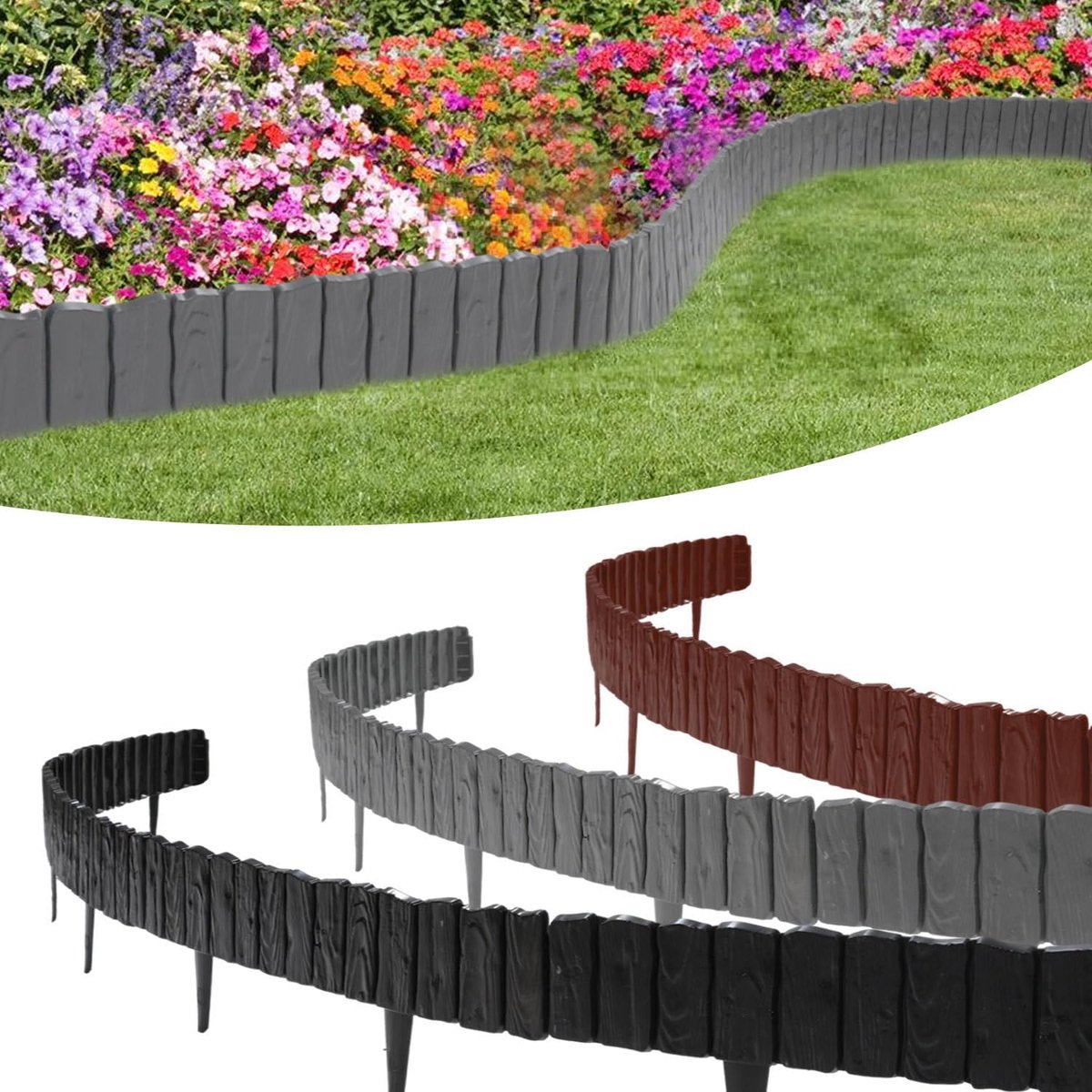 Gazonrand 2.28M houtlook Garden border van polypropyleen zwart 4 stuks palissade perkrand gazonrand bed rand 1 element LxH: 57x21 cm