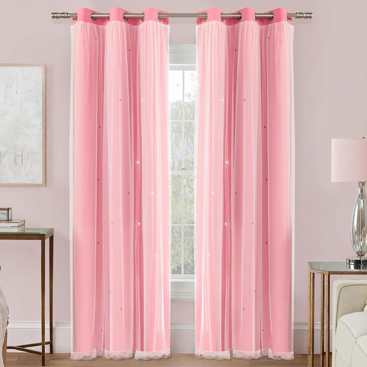 Verduisteringsgordijn voor slaapkamer dubbellaags 86 x 200 cm van polyester met voile sterrendesign schuifdeur meerkleurig roze 86/200