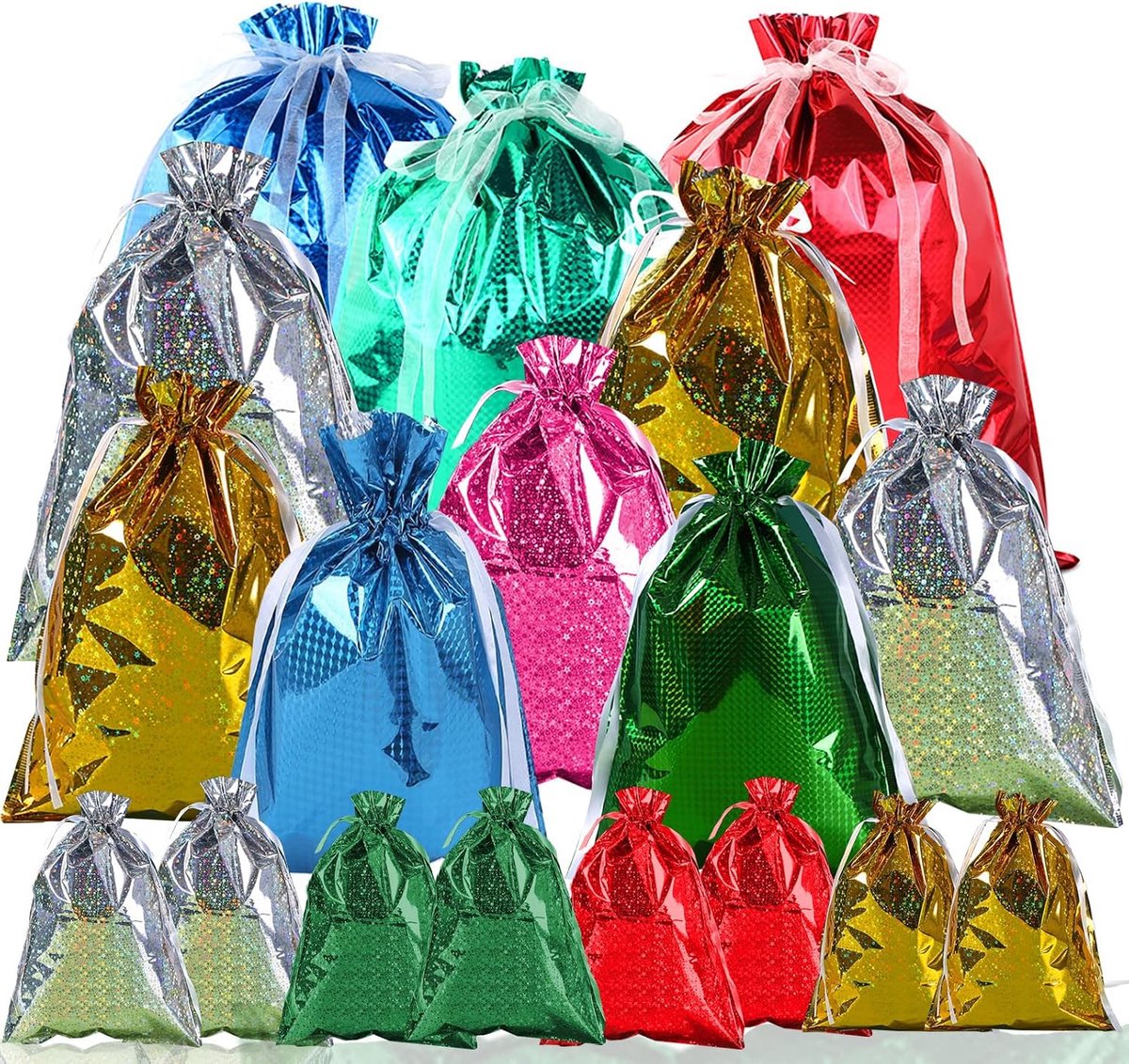 Trekkoord Geschenkzakken - Herbruikbare Folie Xmas Tie Zakken voor Cadeautjes, Groot, Medium, Kleine Maten, 10 Ontwerpen voor Kerstfeest, Cadeautjes, Vakantie (18)