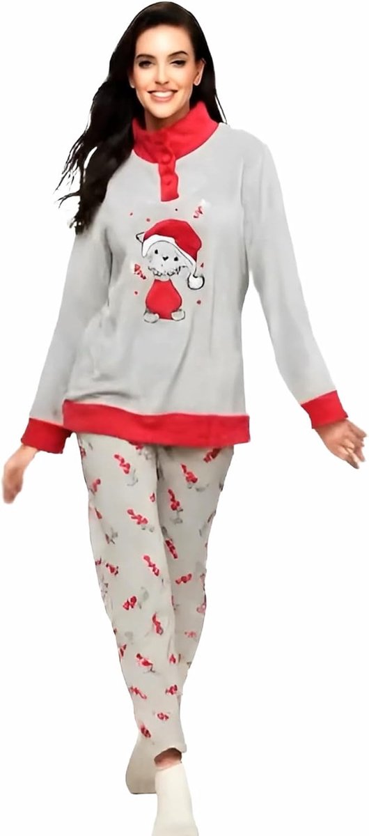 Dames Fleece Coral Effect Pyjama Dames Zachte Fleece Winter Pyjama voor Vrouwen Pyjama Pluche Knopen, 651469 Grijs, L