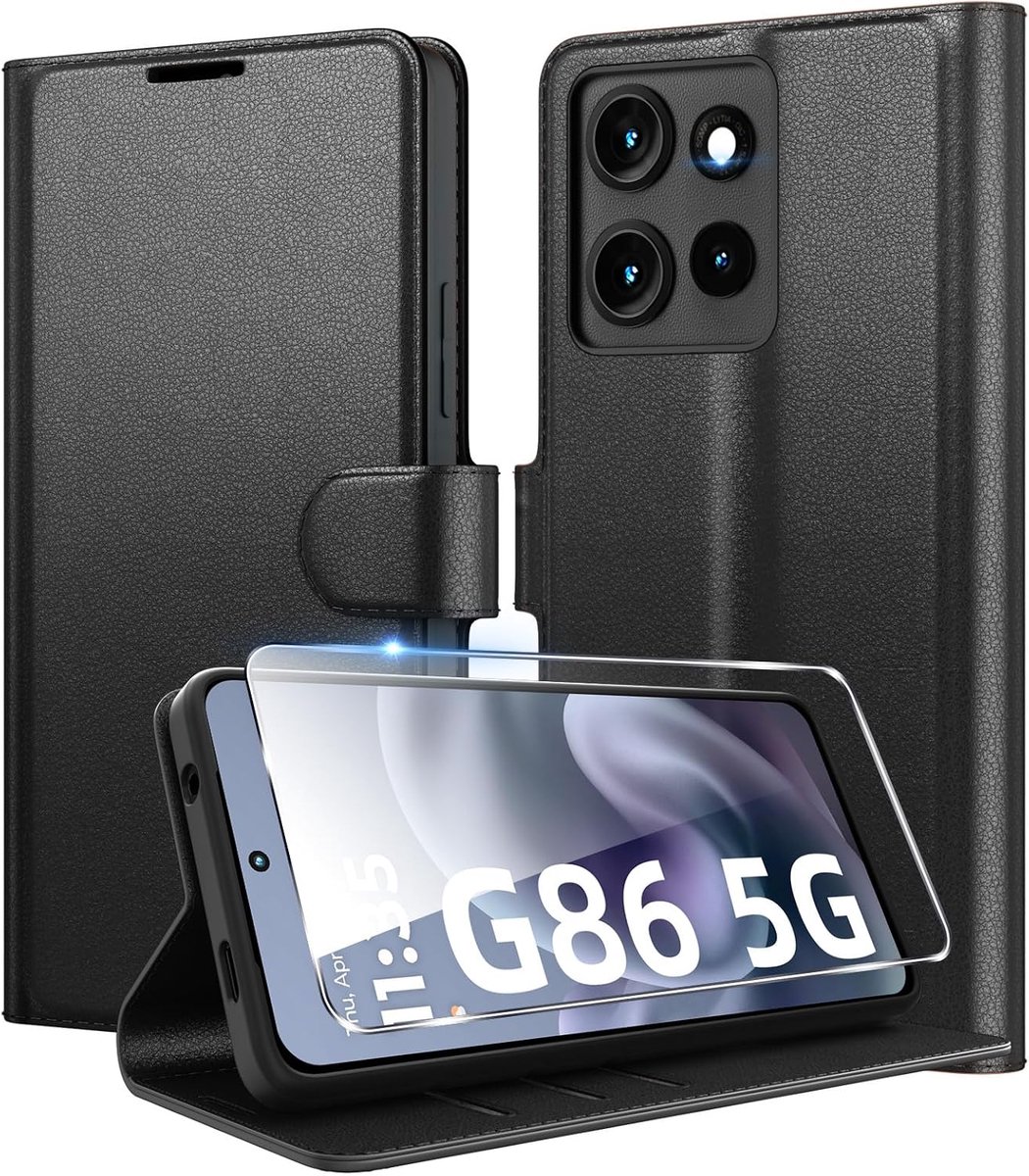Beschermhoes voor Motorola Moto G86 5G, portefeuille, premium PU-leren beschermhoes met kaartsleuven, stootvaste beschermhoes met 1 gehard glas, zwart