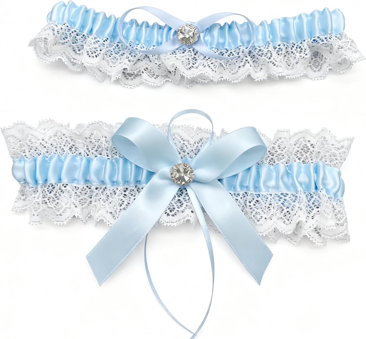 2 kousenbanden voor bruid, elastische kousenbanden van blauw satijn en wit kant met strik, kralen en strass-steentjes, voor bruiloft, vrijgezellenfeest, bruidsfeest
