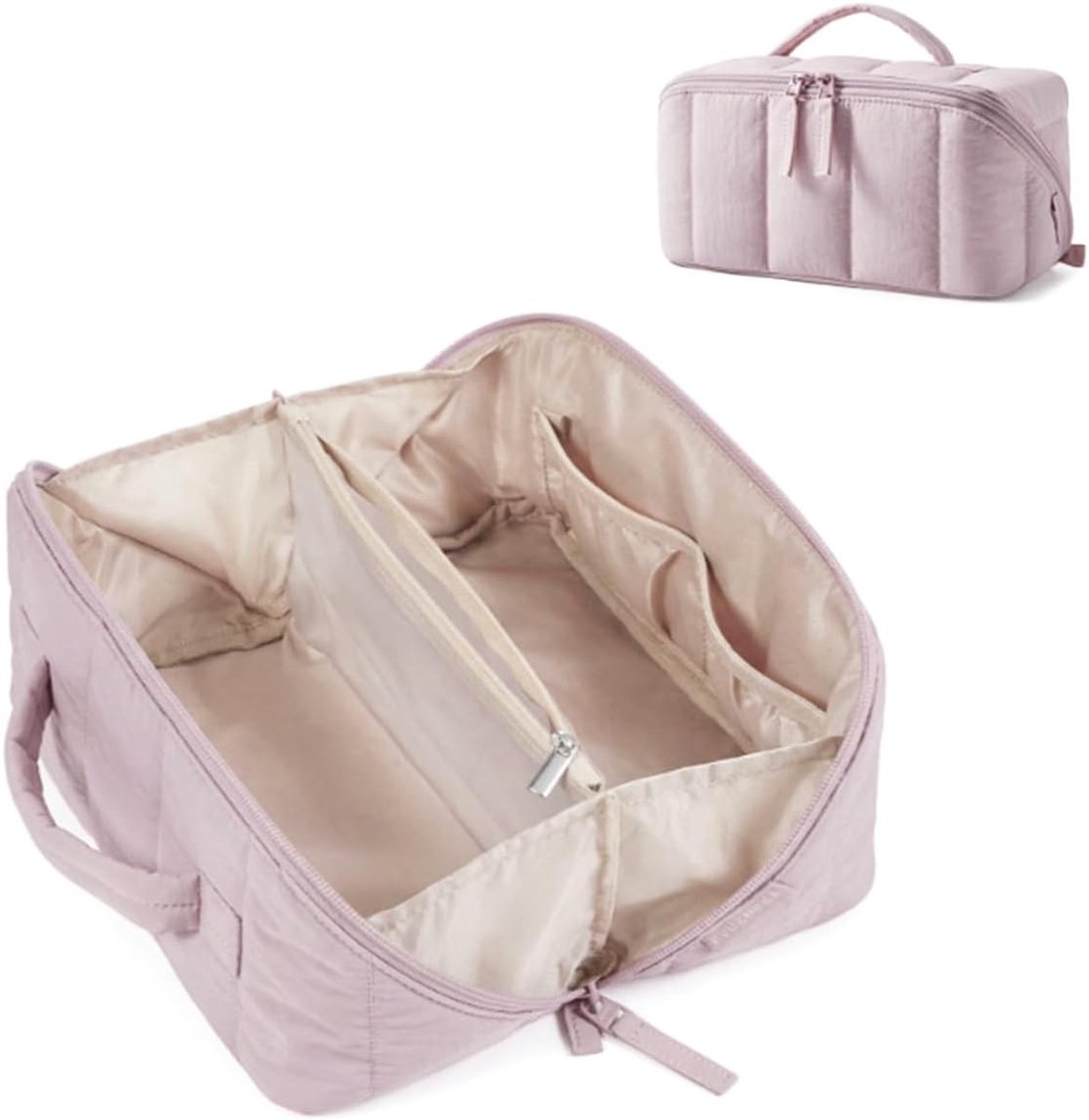 Cosmeticatas voor dames, platte toilettas, draagbaar, waterafstotend, pluizig, make-uptas, open met handvat voor toiletartikelen, kwasten, roze, Minimalistisch