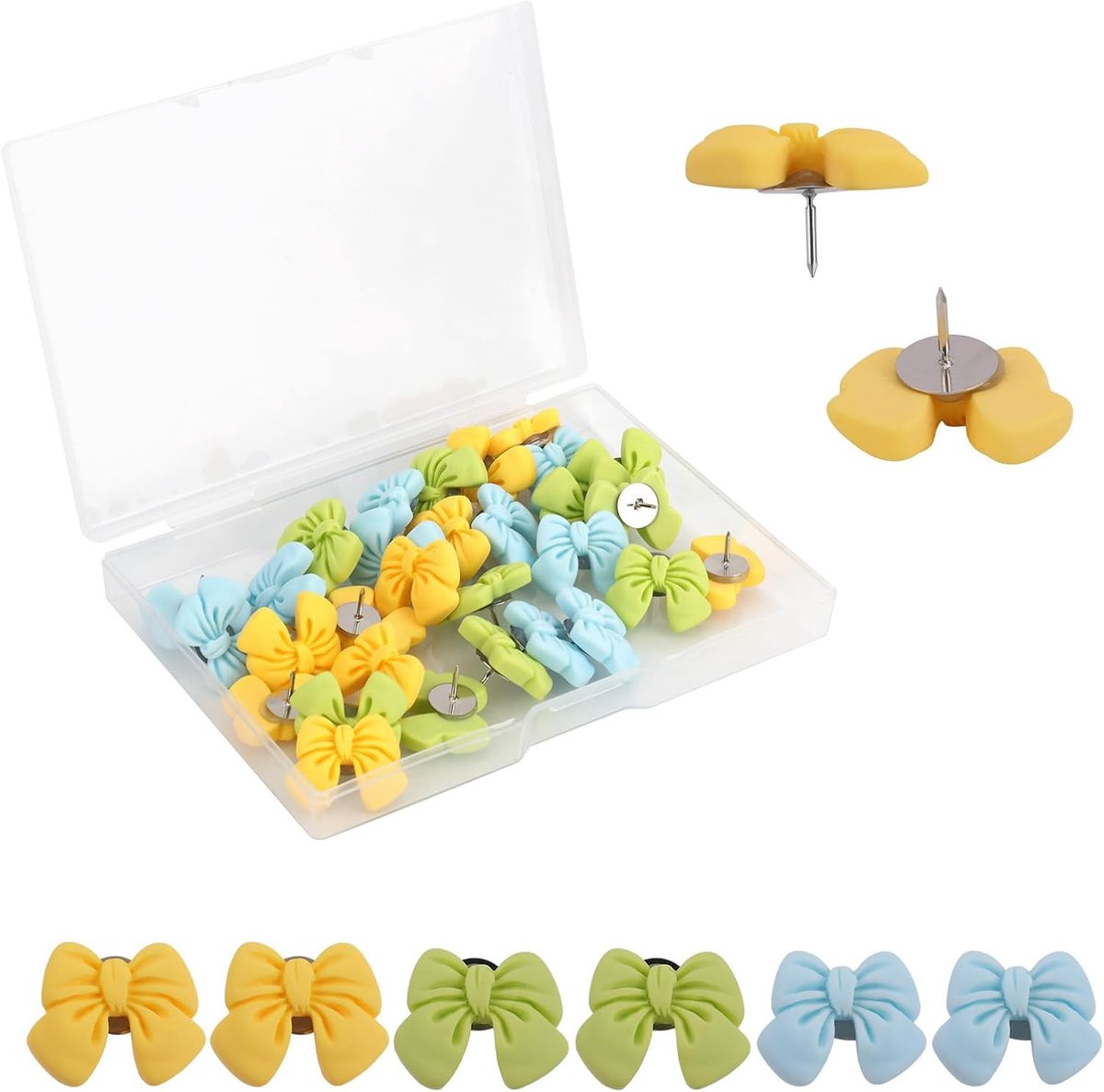 Punaises met Strik, Schattige Plastic Punaises met Strik Kurkbordpunaises voor School Kantoor en Thuis Decoratiebenodigdheden (Blauw, Geel, Groen)