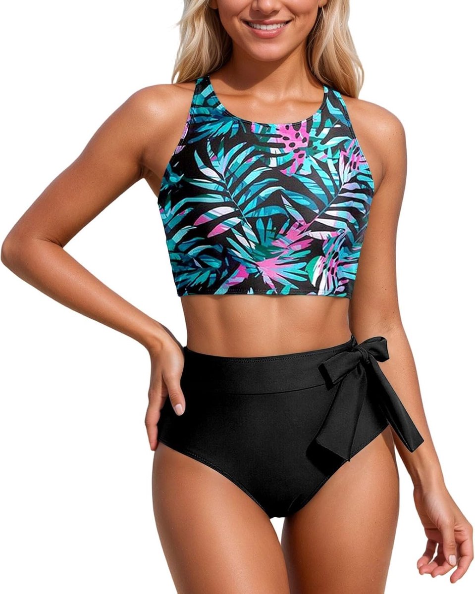 Badpak voor dames, 2-delig, bikini, hoge taille, push-up, platte buik, sexy, retro, bedrukt, gevoerd, strand, vakantie, body A129