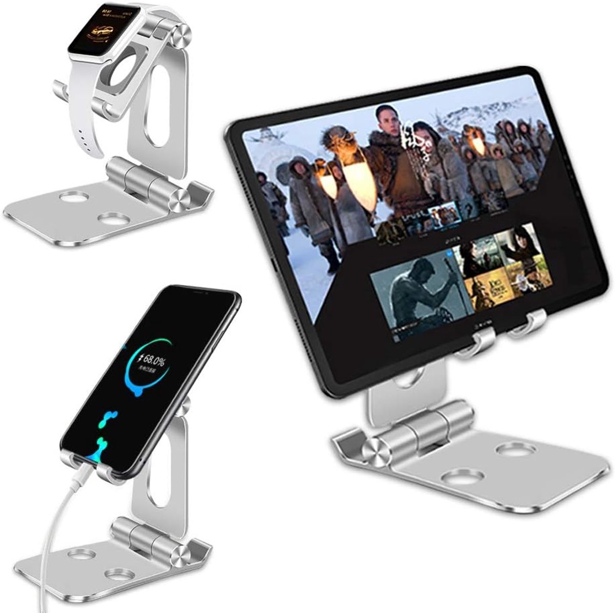 Mobiele telefoonstandaard, opvouwbare tabletstandaard, horlogestandaard voor Watch, tafel mobiele telefoonhouder, compatibel met 12/11 Pro/Xs Max/XR/SE/8/7, alle 4-8 inch apparaten (zilver)