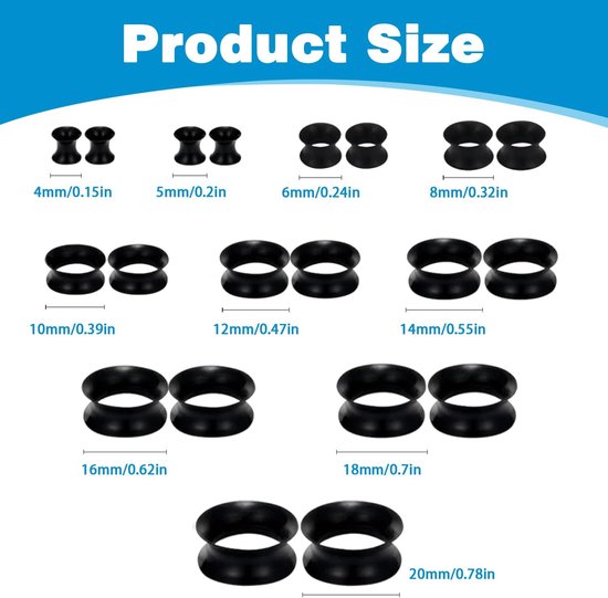 20-delige Silicone Oor Stretcherset - Flexibele Flesh Tunnels, 10 Maten 4mm-20mm Oor Dilators, Zwarte Double-Flared Oorpiercing Set voor Dames en Heren — afbeelding 2