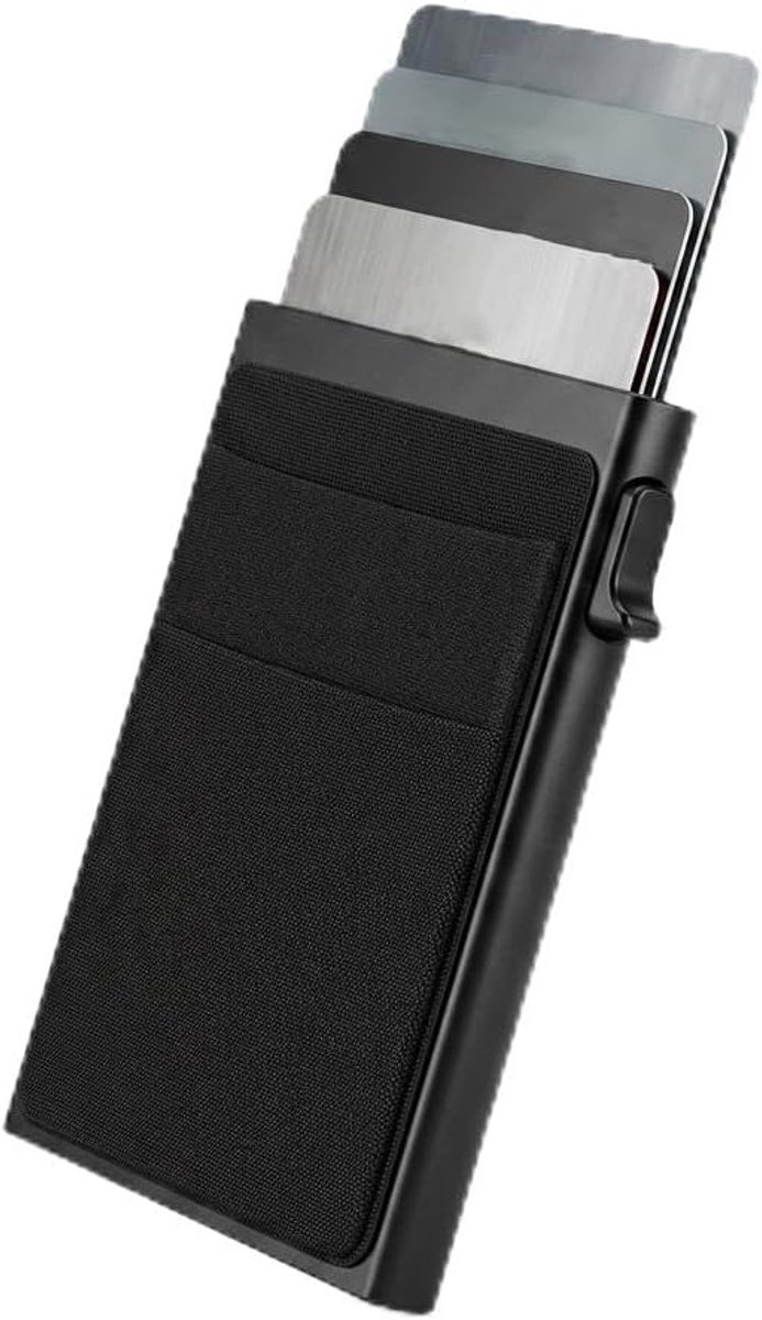RFID Aluminium Pasjeshouder, Automatische Pop-Up Pasjeshouder met RFID-Blokkering, Compacte Metalen Portemonnee met Geldvak voor Heren en Dames, Zwart.