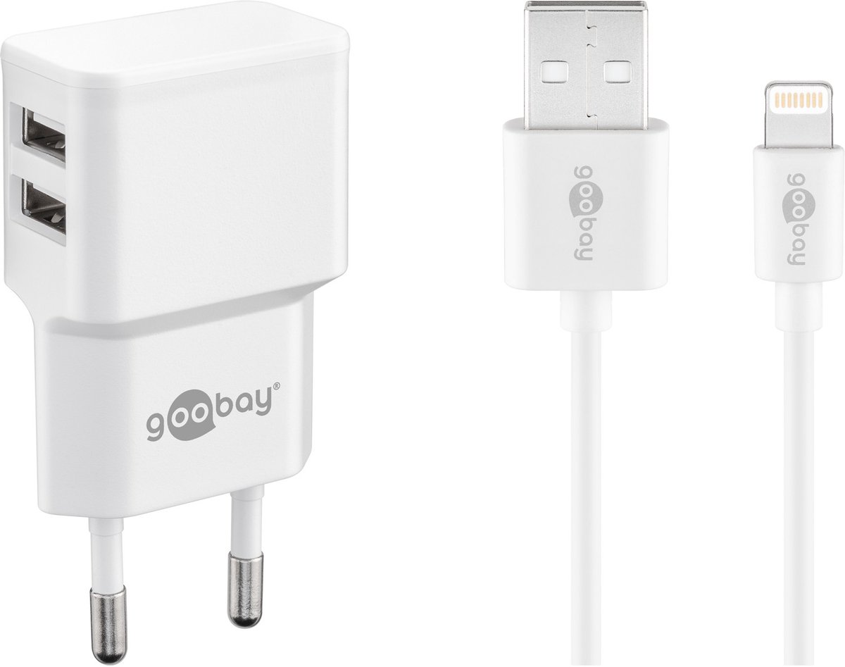 Goobay 12 W Apple Lightning dubbele oplaadset, Voedingseenheid met 2x USB-aansluiting en Apple Lightning-kabel 1 m (wit)