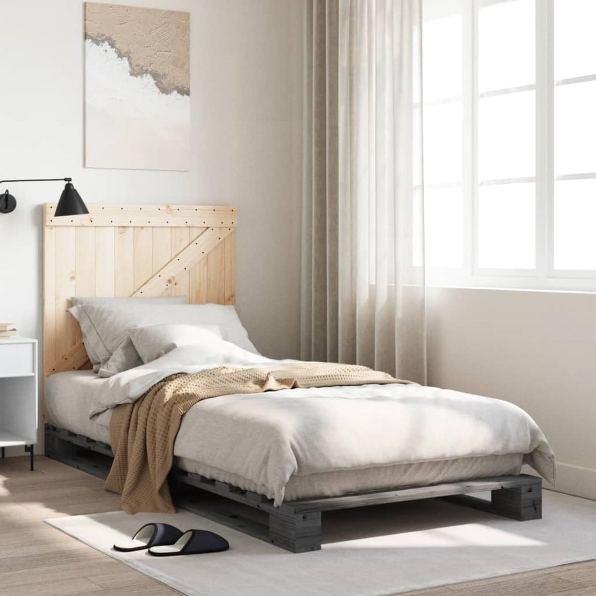 Houten bed met hoofdeinde grijs 90x200 cm grenen, robuuste latten voor optimale ondersteuning en duurzaam natuurlijk materiaal