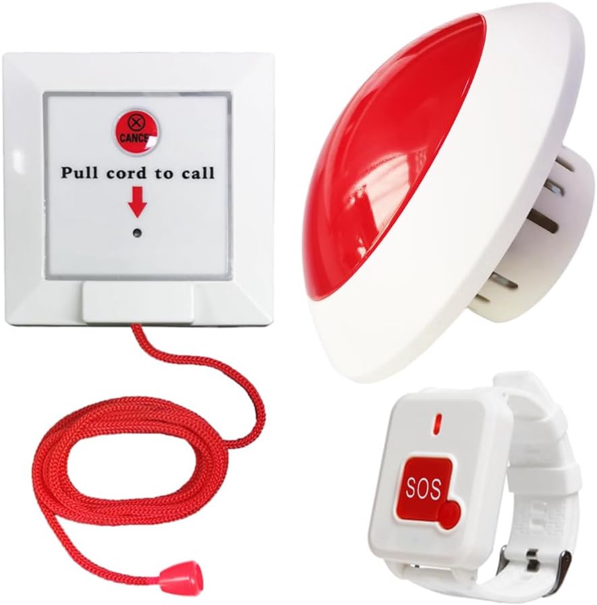Alarmsysteem voor gehandicapte badkamers, SOS-alarm, badkamer met een handicap, noodoproepsysteem voor badkamer, toiletalarm voor gehandicapten (4 l + W1-P) + rode klok knop