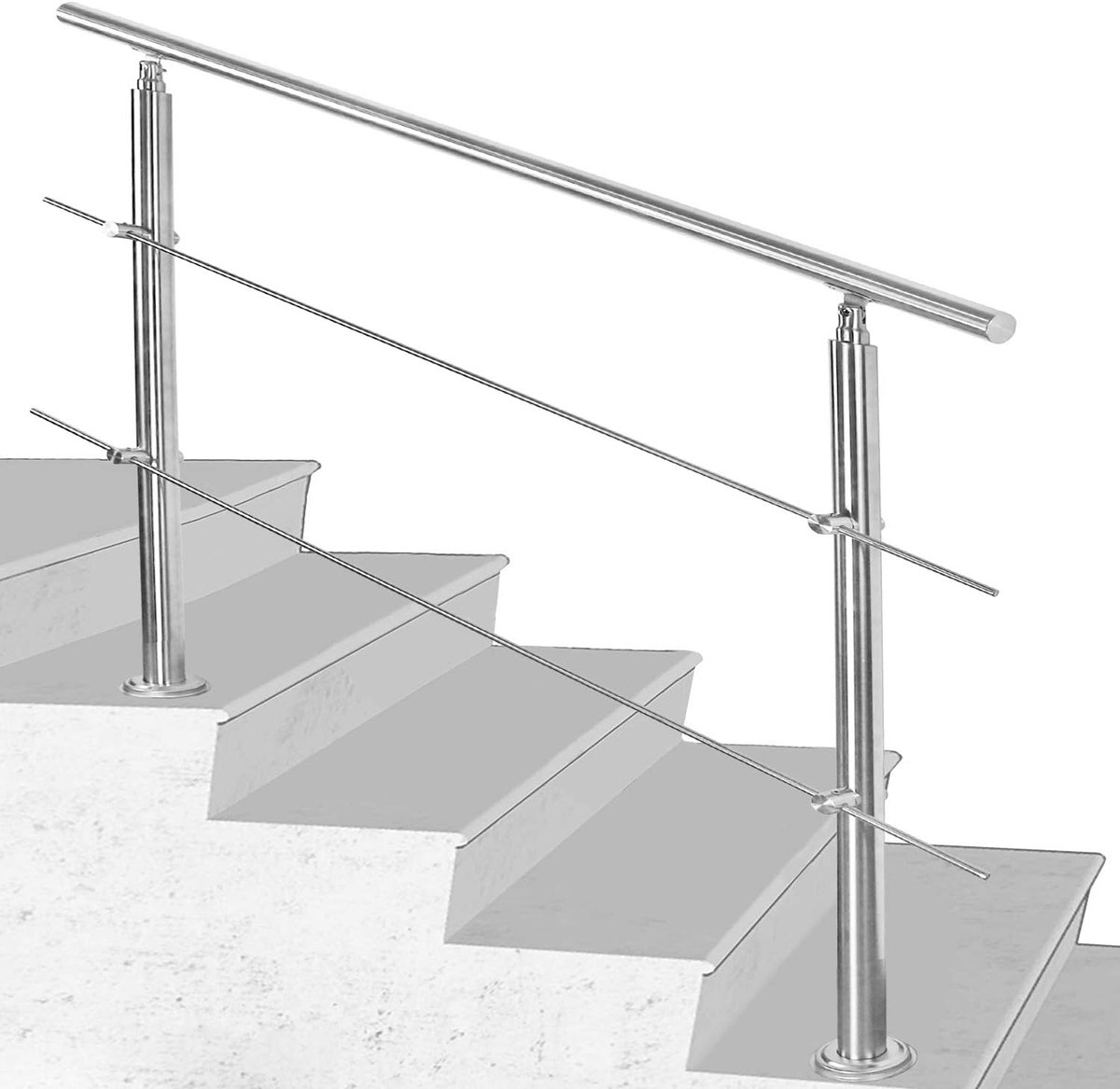 Leuning roestvrij staal, 160 * 4.2 * 106.5cm, 2 dwarsbalken, trapleuning met installatieset, antislip handgrepen voor ouderen, gehandicapten, kinderen