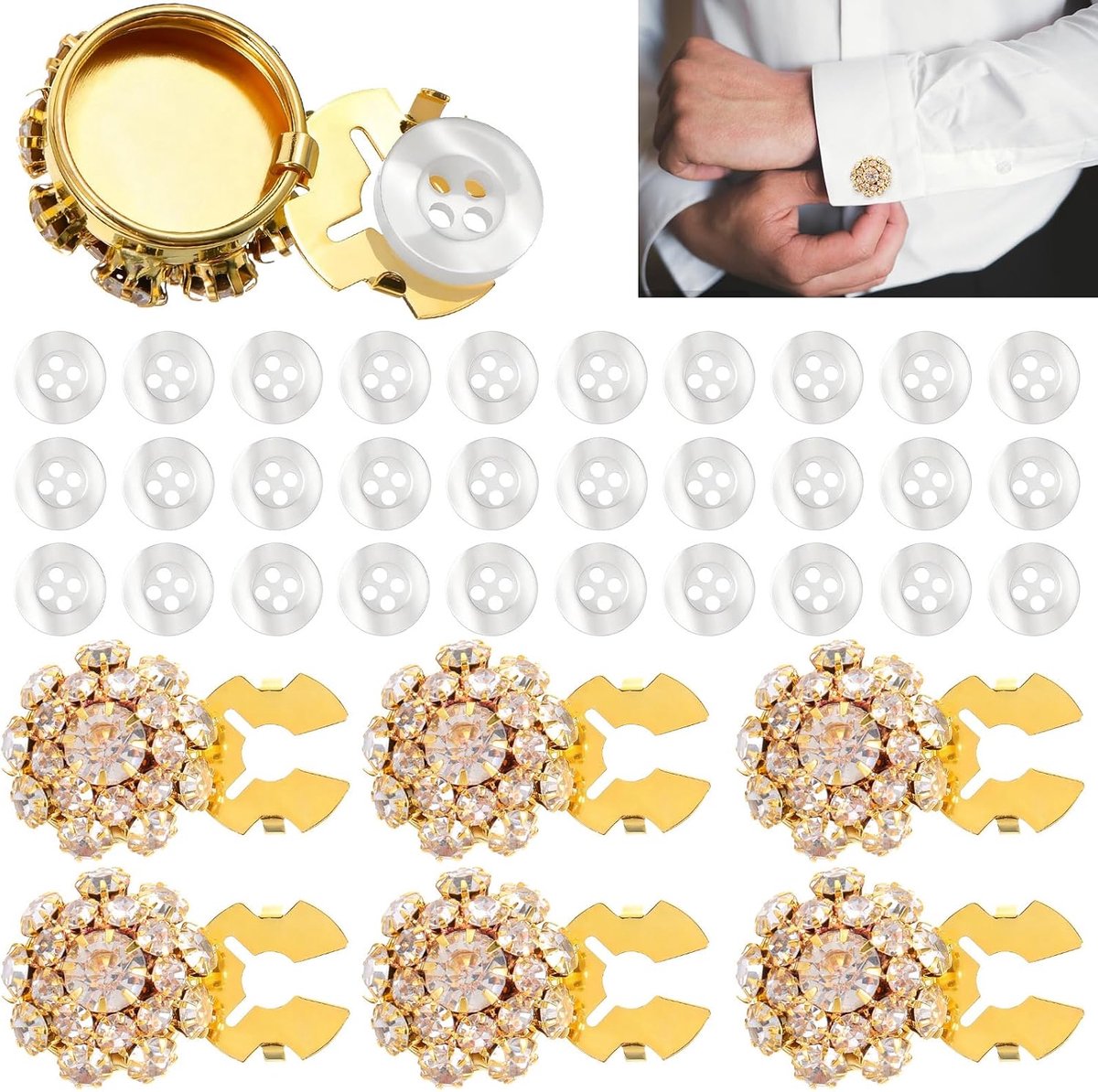 6 stuks strass-steentjes knoopafdekkingen met 30 knoppen decoratieve