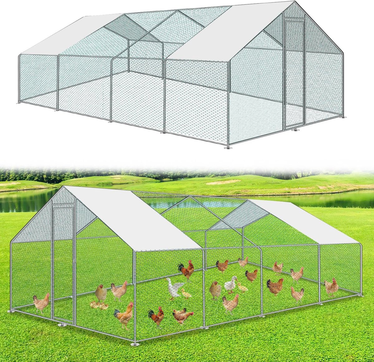 3 x 8 x 2 m kippenren met slot en deur, dierenverblijf van metaal, 24 m², kippenhuis, buitenren voor kippenkooi en kleine dieren