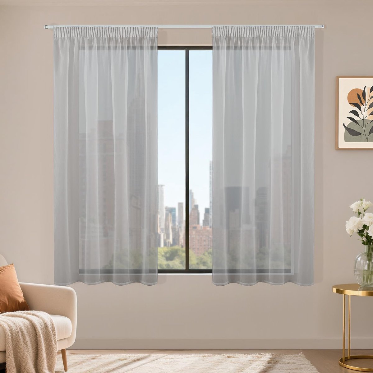 Gordijnen met plooiband set van 2, Voile schuifgordijnen 140 x 120 (HxB), transparante gordijn, voorhang grijs, gordijnen voor woonkamer slaapkamer Sheer Curtain