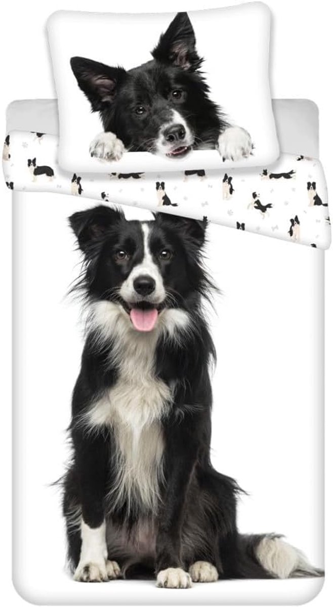 Fabrics Hondenbeddengoed set Border Collie dekbedovertrek 140 x 200 + kussensloop 70 x 90 cm ÖKO-TEX beddengoedset 100% katoen met ritssluiting, omkeerbaar