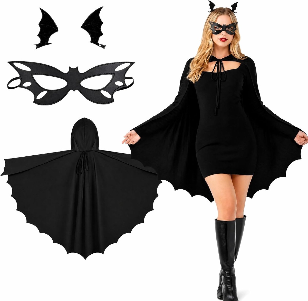 Kostuum Voor Dames, 3-Delig Vleermuiskostuum Voor Dames Met Cape, Haarclip En Masker, Lichte Vleermuismantel Voor Carnaval, Cosplay En Halloween