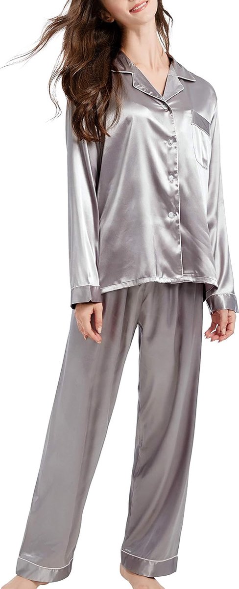 Pyjama voor dames, satijn, lang, nachtkleding, loungewear