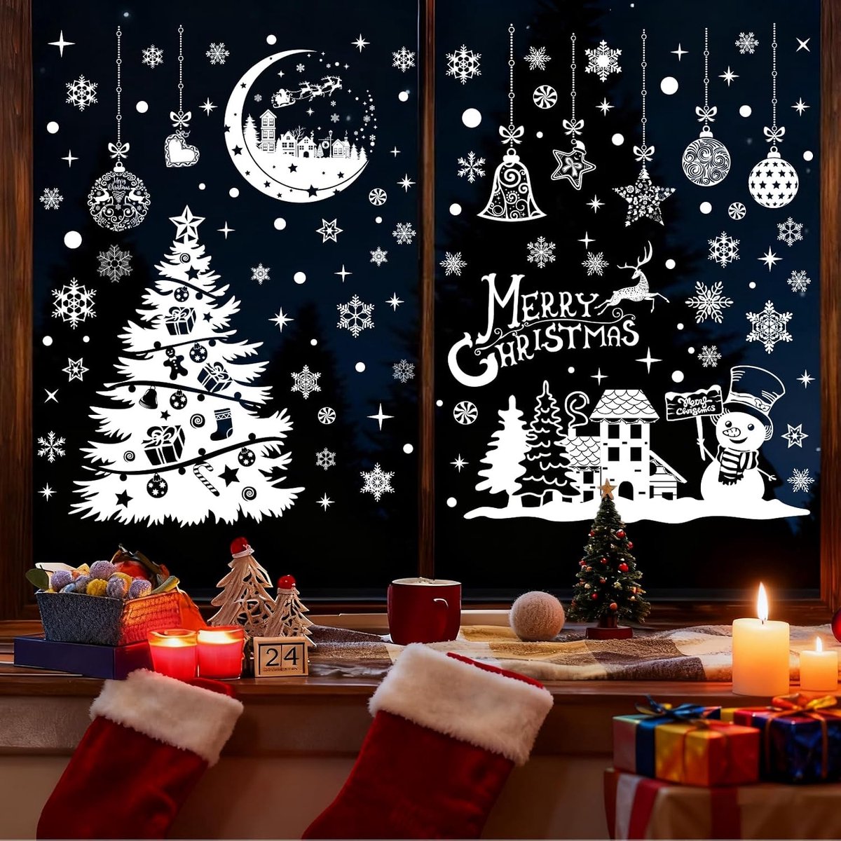 202 raamafbeeldingen Kerstmis, Kerstmis raamdecoraties, winter kerst raamafbeeldingen, zelfklevend, sneeuwvlok, sterren, kerstbomen, rendierpatroon (A)