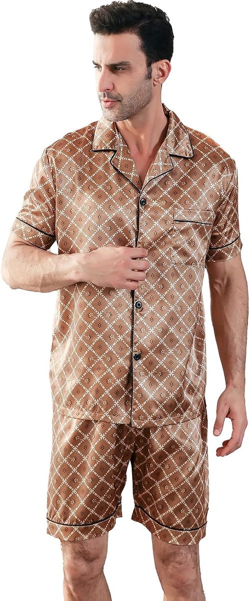 Pyjamaset met korte mouwen, zijdeachtige pyjamabroek, hoogwaardige button-down-nachtkleding, veelkleurige zijdeachtige pyjamaset voor heren