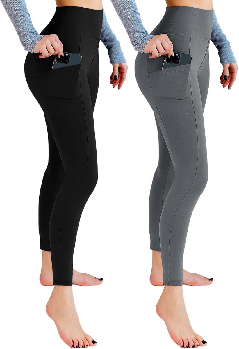 Leggings voor dames, hoge taille, ondoorzichtige leggings met zakken voor work-out, sport, yoga, hardlopen, 2 stuks