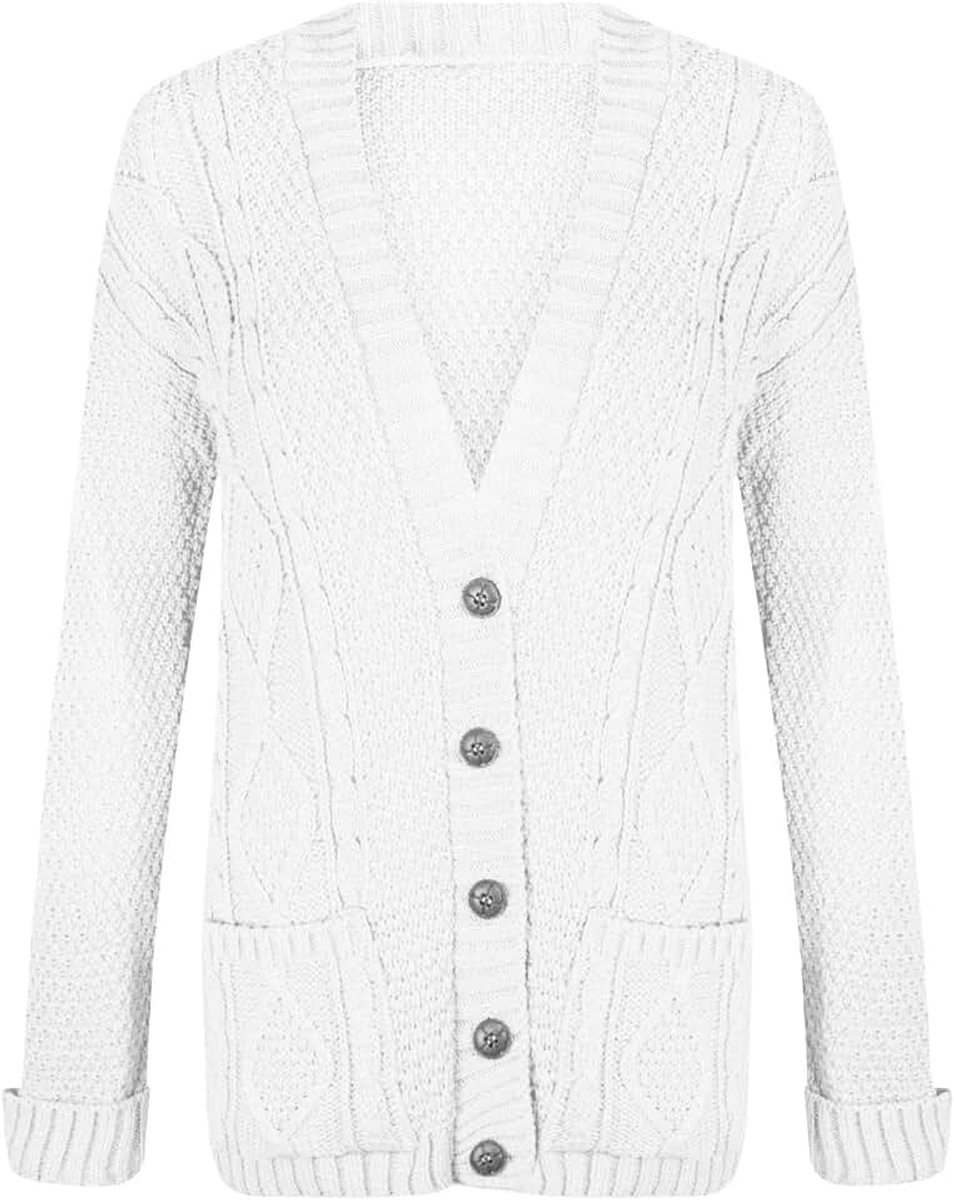 Lange Mouw Aran Kabel Gebreide Button Up Opa Vest Trui Top, Wit, 42-44 grote maten