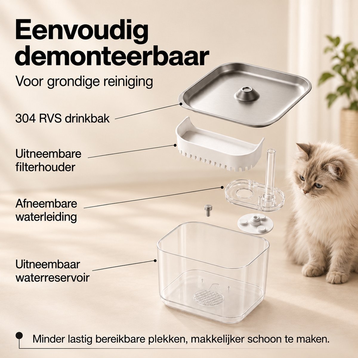 Draadloze Drinkfontein voor Katten en Kleine Honden – 2,5 L – Inclusief 7 Filters – Water en Stroom Gescheiden – Bewegingssensor – 3 Watermodi – 7200 mAh Accu – 304 RVS Drinkplateau – Stil tot 30 dB thumbnail 5
