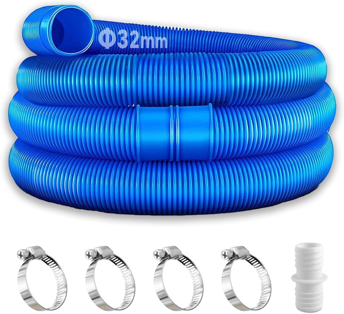 2 stuks blauwe zwembadslang 32 mm voor zwembadpompen met 4 stuks veiligheidsclips en 1 stuk slangverbinder, 150 cm zwembadslang 32 mm, voor filterpomp en zwembad